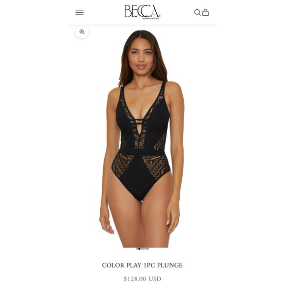 BECCA Color Play Crochet Plunge One Piece Swimsuit w/ Tie Back — MEDIUM — Black - Picture 8 of 15